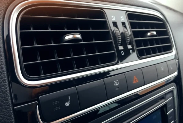 Close-up of a car dashboard showing chrome-trimmed air vents, climate controls, and heated seat and hazard light buttons.
