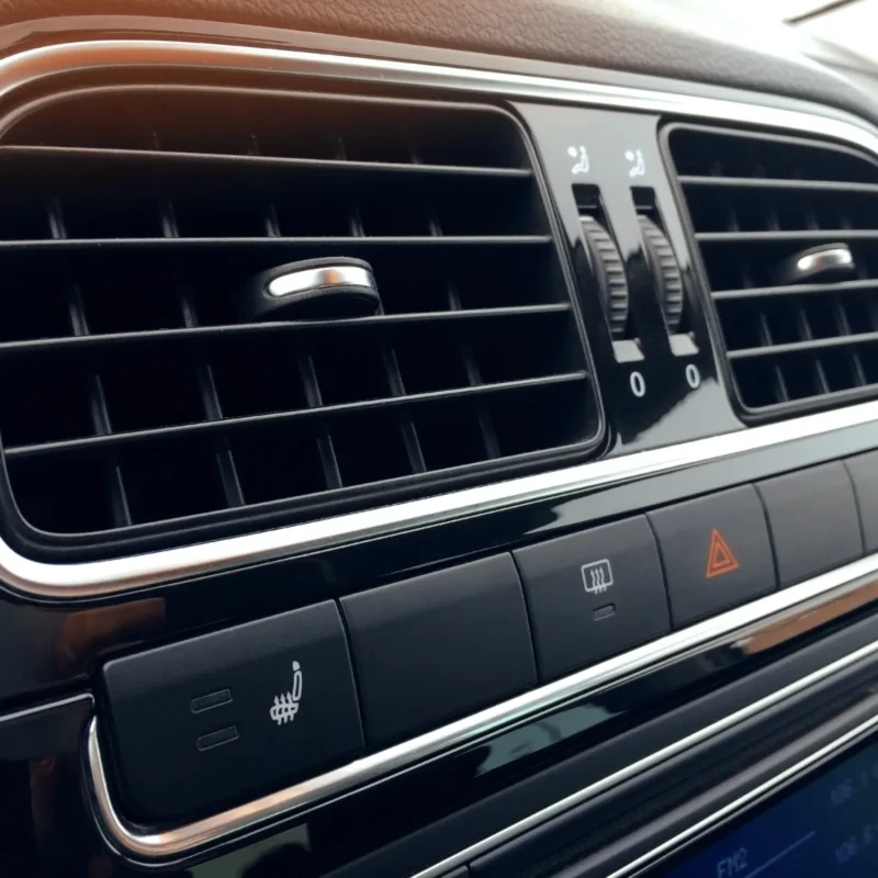 Close-up of a car dashboard showing chrome-trimmed air vents, climate controls, and heated seat and hazard light buttons.